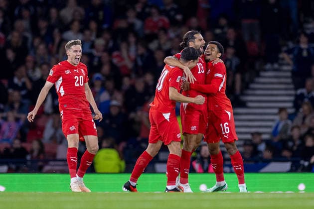 RECORD DATE NOT STATED 29th September 2026; Hampden Park, Glasgow, Scotland; UEFA Nations League Football, Scotland versus Switzerland; Ricardo Rodriguez of Switzerland celebrates after he shoots and scores from a free kick in the 12th minute to make it 1-0 to Switzerland VagelisxGeorgariou