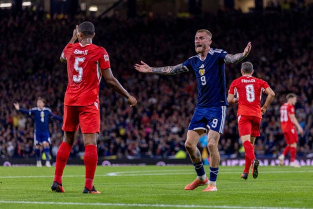 RECORD DATE NOT STATED 29th September 2026; Hampden Park, Glasgow, Scotland; UEFA Nations League Football, Scotland versus Switzerland; Oliver McBurnie of Scotland reacts to a decision from referee Nenad Minakovic VagelisxGeorgariou