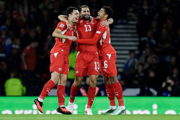 Scotland v Switzerland UEFA Nations League Ricardo Rodriguez of Switzerland celebrates his goal with teammates during the UEFA Nations League Group B1 match at Barclays Hampden, Glasgow 29 09 2026 UK Newspapers OUT Copyright: xJamiexJohnstonx FIL-24011-0085