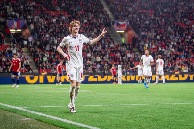 CZECHIA - ENGLAND Anthony Gordon of England and Barcelona celebrates a goal during UEFA Nations League - League A - Group A3 - Matchday 2 - football match between Czechia and England. Fortuna Arena, Eden, Stadion, Prague, Czechia September 29, 2026. Photo by Branislav Racko Copyright: xx _BRR9946