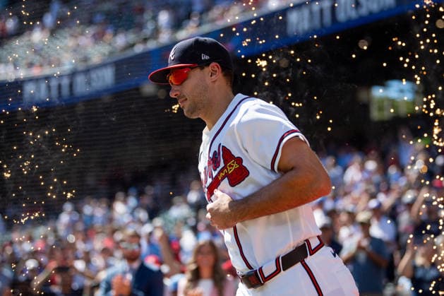 Matt Olson 28 of the Atlanta Braves is introduced during the pregame against the Philadelphia Phillies in game one of the MLB, Baseball Herren, USA National League Wild Card round at Truist Park on Tuesday, September 29, 2026 in Atlanta, Georgia.  ATL20260928102 JULIANxALEXANDER