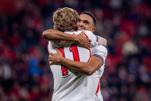 CZECHIA - ENGLAND Anthony Gordon of England and Barcelona celebrates a goal with Trent Alexander Arnold of England and Real Madrid during UEFA Nations League - League A - Group A3 - Matchday 2 - football match between Czechia and England. Fortuna Arena, Eden, Stadion, Prague, Czechia September 29, 2026. Photo by Branislav Racko Copyright: xx 080A6457