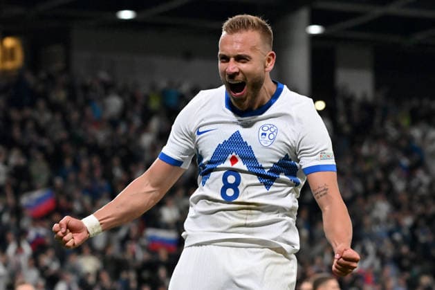 LJUBLJANA, SLOVENIA - SEPTEMBER 29: Sandi Lovric of Slovenia (C) celebrate score during the UEFA Nations League, League B Group B1, match between Slovenia and North Macedonia at Stadion Stozice, Ljubljana on September 29, 2026 in Ljubljana, Slovenia. (Photo by Igor Kupljenik Sports Press Photo). Copyright: xIgorxKupljenikx xSPPx Sportspressphoto_SPR242810