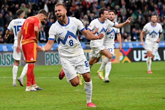 LJUBLJANA, SLOVENIA - SEPTEMBER 29: Sandi Lovric of Slovenia (C) celebrate score during the UEFA Nations League, League B Group B1, match between Slovenia and North Macedonia at Stadion Stozice, Ljubljana on September 29, 2026 in Ljubljana, Slovenia. (Photo by Igor Kupljenik Sports Press Photo). Copyright: xIgorxKupljenikx xSPPx Sportspressphoto_SPR242811