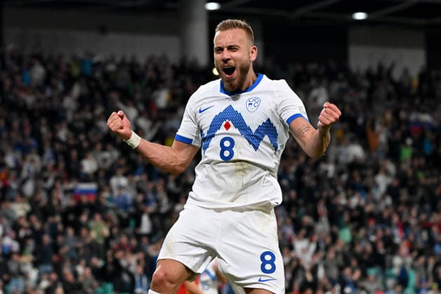 LJUBLJANA, SLOVENIA - SEPTEMBER 29: Sandi Lovric of Slovenia (C) celebrate score during the UEFA Nations League, League B Group B1, match between Slovenia and North Macedonia at Stadion Stozice, Ljubljana on September 29, 2026 in Ljubljana, Slovenia. (Photo by Igor Kupljenik Sports Press Photo). Copyright: xIgorxKupljenikx xSPPx Sportspressphoto_SPR242814