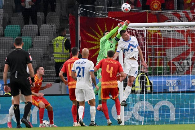 LJUBLJANA, SLOVENIA - SEPTEMBER 29: Stole Dimitrievski of North Macedonia (2R) in action against Jaka Bijol of Slovenia (R) during the UEFA Nations League, League B Group B1, match between Slovenia and North Macedonia at Stadion Stozice, Ljubljana on September 29, 2026 in Ljubljana, Slovenia. (Photo by Igor Kupljenik Sports Press Photo). Copyright: xIgorxKupljenikx xSPPx Sportspressphoto_SPR242816