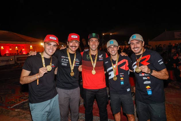 W2RC - RALLYE DU MAROC 2026 301 PINTO Alexandre (por), OLIVEIRA Bernardo (por), Taurus T3 Max, Odyssey Academy by BBR, FIA W2RC, CHG CHG1, VENTURA Martim (por), Monster Energy Honda HRC, Honda CRF 450, FIM W2RC, Rally 2, portrait, 240 FERREIRA Joao (por), PALMEIRO Filipe (por), Toyota Hilux IMT Evo, Toyota Gazoo Racing SA, FIA W2RC, ULT T1+, portrait medals ceremony during the Stage 1 of the Rallye du Maroc 2026, 4th round of the 2026 WR2C Championship from September 29, 2026 between Agadir and Zagora, Morocco - AgadirMorocco Copyright: xPauloxMariax