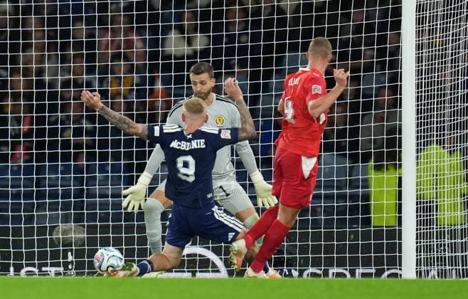 Nico Elvedi of Switzerland scores to give the Swiss a 0-2 lead. Scotland v Switzerland, Football, UEFA Nation s League, Group B1, Hampden Park, Glasgow, UK, Hampden Park, Glasgow, Scotland, Scotland, UK - 29 Sep 2026Glasgow Hampden Park Scotland United Kingdom Copyright: xStuartxWallace Shutterstockx 17176216bp