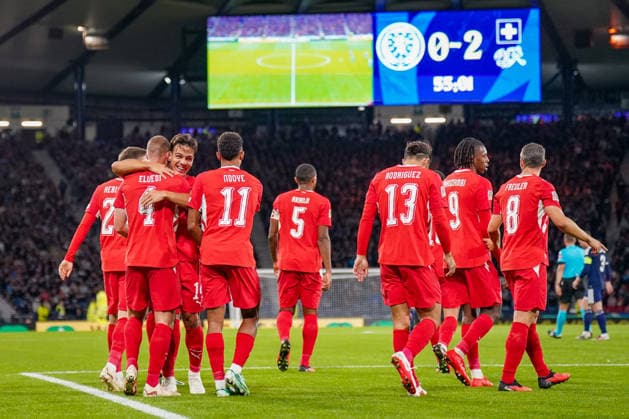 Soccer: UEFA Nations League 2026–2027, Matchday 2: Scotland vs. Switzerland at Hampden Park, Glasgow—Goal and celebration following Switzerland’s 0–2 lead by Nico Elvedi, 4: Joy, Emotions, Cheers Copyright: xJOERANxSTEINSIEKx