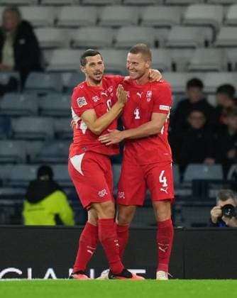 Nico Elvedi of Switzerland celebrates with Remo Freuler after scoring to give the Swiss a 0-2 lead. Scotland v Switzerland, Football, UEFA Nation s League, Group B1, Hampden Park, Glasgow, UK, Hampden Park, Glasgow, Scotland, Scotland, UK - 29 Sep 2026Glasgow Hampden Park Scotland United Kingdom Copyright: xStuartxWallace Shutterstockx 17176216bv