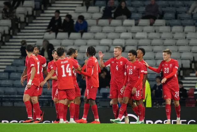 Nico Elvedi of Switzerland celebrates with team mates after scoring to give the Swiss a 0-2 lead. Scotland v Switzerland, Football, UEFA Nation s League, Group B1, Hampden Park, Glasgow, UK, Hampden Park, Glasgow, Scotland, Scotland, UK - 29 Sep 2026Glasgow Hampden Park Scotland United Kingdom Copyright: xStuartxWallace Shutterstockx 17176216ca