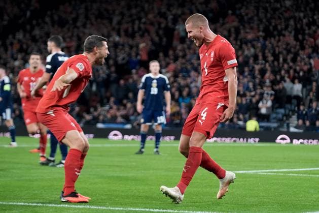 UK: UEFA Nations League, Scotland v Switzerland at Barclays Hampden, Glasgow, Scotland on 29 September 2026: Pictured: Nico Elvedi (Switzerland) scores to make it 0-2 Glasgow Barclays Hampden Scotland Copyright: xAlexxToddx