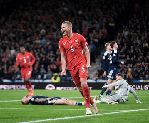 UK: UEFA Nations League, Scotland v Switzerland at Barclays Hampden, Glasgow, Scotland on 29 September 2026: Pictured: Nico Elvedi (Switzerland) scores to make it 0-2 Glasgow Barclays Hampden Scotland Copyright: xAlexxToddx