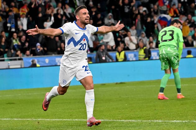 LJUBLJANA, SLOVENIA - SEPTEMBER 29: Aljosa Matko of Slovenia (L) celebrate score during the UEFA Nations League, League B Group B1, match between Slovenia and North Macedonia at Stadion Stozice, Ljubljana on September 29, 2026 in Ljubljana, Slovenia. (Photo by Igor Kupljenik Sports Press Photo). Copyright: xIgorxKupljenikx xSPPx Sportspressphoto_SPR242877