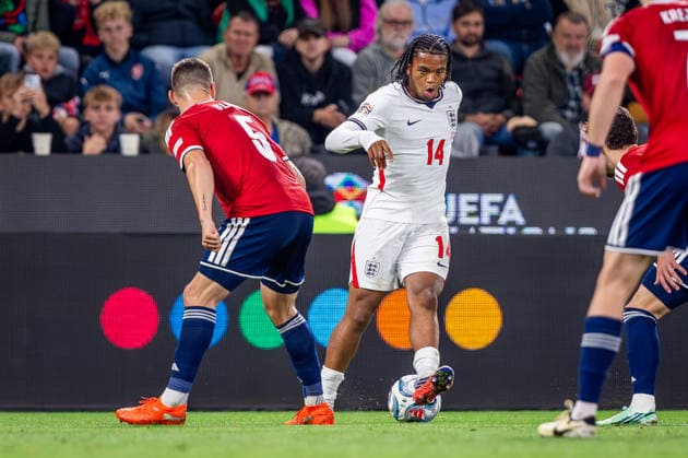 CZECHIA - ENGLAND Rio Ngumoha of England and Liverpool and Jiri Slama of Czechia and Jablonec during UEFA Nations League - League A - Group A3 - Matchday 2 - football match between Czechia and England. Fortuna Arena, Eden, Stadion, Prague, Czechia September 29, 2026. Photo by Branislav Racko Copyright: xx 080A7569