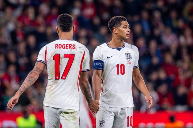 CZECHIA - ENGLAND Jude Bellingham of England and Real Madrid, Morgan Rogers of England and Chelsea during UEFA Nations League - League A - Group A3 - Matchday 2 - football match between Czechia and England. Fortuna Arena, Eden, Stadion, Prague, Czechia September 29, 2026. Photo by Branislav Racko Copyright: xx 080A7598