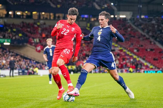 Soccer: UEFA Nations League 2026–2027, Matchday 2: Scotland vs. Switzerland at Hampden Park, Glasgow—Fabian Rieder (Switzerland, No. 22) and Luis Binks (Scotland, No. 4) in a tackle Copyright: xJOERANxSTEINSIEKx
