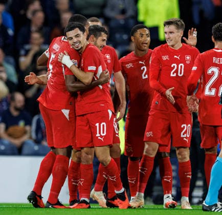 29.09.2026: Scotland v Switzerland: Zeki Amdouni of Switzerland celebrates with team mates after goal no 3  Copyright: xWilliexVassx NINTCHDBPICT001112156520