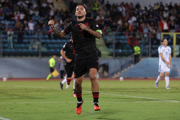 San Marino v Albania - UEFA Nations League - Season 2026-2027 Serravalle, Italy, 29th September 2026. Rey Manaj of Albania celebrates after scoring to give the visitors a 3-0 lead during the San Marino vs Albania UEFA Nations League, League C, Group C1, match at San Marino Stadium, Serravalle. Picture credit should read: Jonathan Moscrop Serravalle San Marino Stadium San Marino