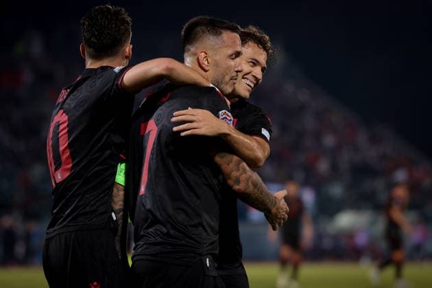 San Marino v Albania - UEFA Nations League - Season 2026-2027 Serravalle, Italy, 29th September 2026. Rey Manaj of Albania celebrates with team mates Ernest Muci and Kristjan Asllani after scoring to give the visitors a 3-0 lead during the San Marino vs Albania UEFA Nations League, League C, Group C1, match at San Marino Stadium, Serravalle. Picture credit should read: Jonathan Moscrop Serravalle San Marino Stadium San Marino