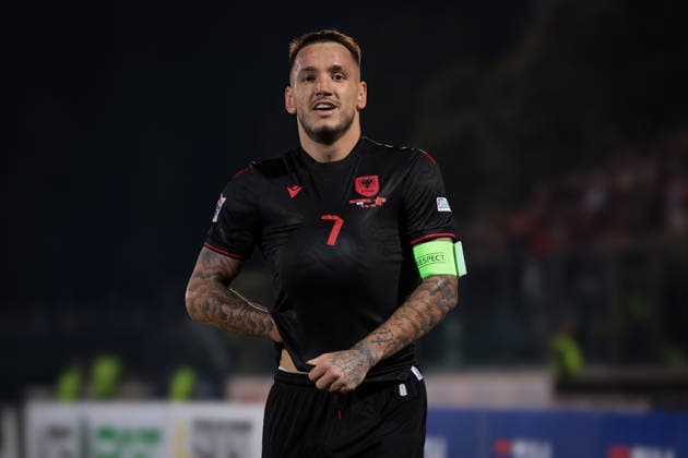 San Marino v Albania - UEFA Nations League - Season 2026-2027 Serravalle, Italy, 29th September 2026. Rey Manaj of Albania celebrates with the ball under his jersey after scoring to give the visitors a 3-0 lead during the San Marino vs Albania UEFA Nations League, League C, Group C1, match at San Marino Stadium, Serravalle. Picture credit should read: Jonathan Moscrop Serravalle San Marino Stadium San Marino