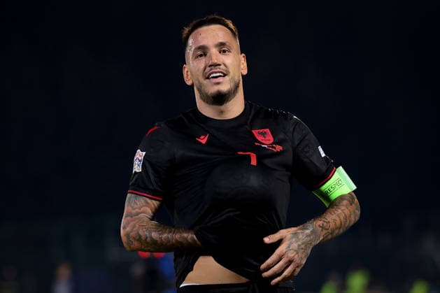 San Marino v Albania - UEFA Nations League - Season 2026-2027 Serravalle, Italy, 29th September 2026. Rey Manaj of Albania celebrates with the ball under his jersey after scoring to give the visitors a 3-0 lead during the San Marino vs Albania UEFA Nations League, League C, Group C1, match at San Marino Stadium, Serravalle. Picture credit should read: Jonathan Moscrop Serravalle San Marino Stadium San Marino