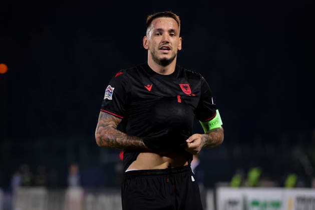 San Marino v Albania - UEFA Nations League - Season 2026-2027 Serravalle, Italy, 29th September 2026. Rey Manaj of Albania celebrates with the ball under his jersey after scoring to give the visitors a 3-0 lead during the San Marino vs Albania UEFA Nations League, League C, Group C1, match at San Marino Stadium, Serravalle. Picture credit should read: Jonathan Moscrop Serravalle San Marino Stadium San Marino