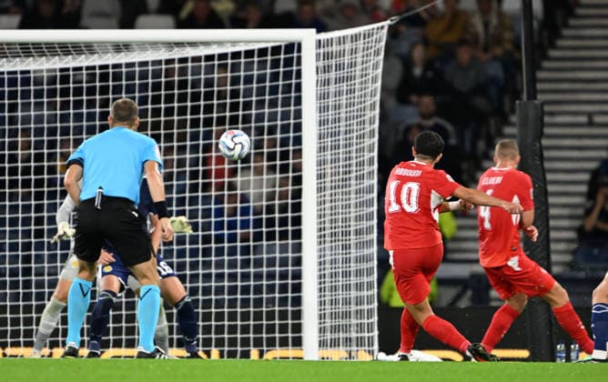 Glasgow, Scotland, 29th September 2026. Zeki Amdouni of Switzerland scores his sides 3rd goal during the Scotland vs Switzerland UEFA Nations League match at Hampden Park, Glasgow. Picture credit should read: Neil Hanna Sportimage EDITORIAL USE ONLY. No use with unauthorised audio, video, data, fixture lists, club league logos or live services. Online in-match use limited to 120 images, no video emulation. No use in betting, games or single club league player publications. SPI_051_Scotland_Switzerland SPI-5047-0052