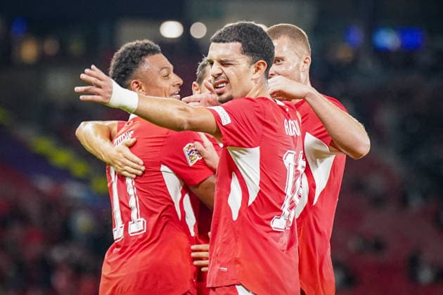 Soccer: UEFA Nations League 2026–2027, Matchday 2: Scotland vs. Switzerland at Hampden Park, Glasgow—Goal and celebration following Zeki Amdouni’s goal for Switzerland (0–3), 10: Joy, emotions, celebration, gesture, body language, emotion Copyright: xJOERANxSTEINSIEKx