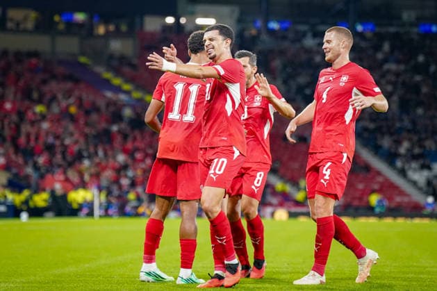 Soccer: UEFA Nations League 2026–2027, Matchday 2: Scotland vs. Switzerland at Hampden Park, Glasgow—Goal and celebration following Zeki Amdouni’s goal for Switzerland (0–3), 10: Joy, emotions, celebration, gesture, body language, emotion Copyright: xJOERANxSTEINSIEKx