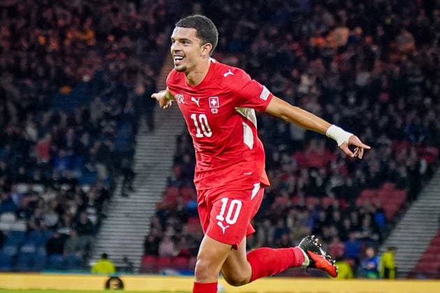 Soccer: UEFA Nations League 2026–2027, Matchday 2: Scotland vs. Switzerland at Hampden Park, Glasgow—Goal and celebration following Zeki Amdouni’s goal for Switzerland (0–3), 10: Joy, Emotions, Cheers Copyright: xJOERANxSTEINSIEKx