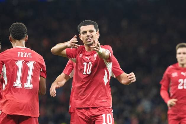 UK: UEFA Nations League, Scotland v Switzerland at Barclays Hampden, Glasgow, Scotland on 29 September 2026: Pictured: Zeki Amdouni (Switzerland) scores to make it 0-3 Glasgow Barclays Hampden Scotland Copyright: xAlexxToddx