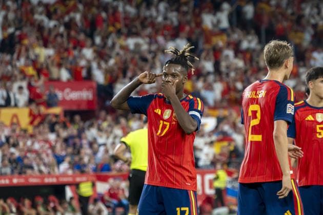 SEVILLE, SPAIN - SEPTEMBER 29: Nico Williams (N17) celebrating Spains 4th goal during the UEFA Nations League match between Spain and Croatia at the Stadium Ramon Sanchez Pizjuan on the 29th of September, 2026 in Sevilla, Spain Copyright: xAndresxLopezxSheridanxx xSPPx Sportspressphoto_SPR242890