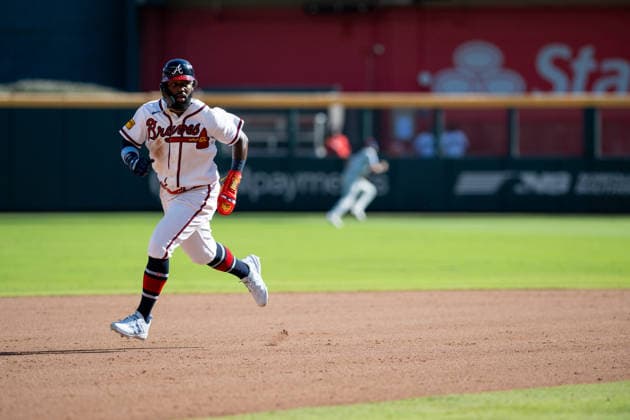 Michael Harris II 23 of the Atlanta Braves rounds the bases after a home run by Austin Riley 27 of the Atlanta Braves in the eighth inning against the Philadelphia Phillies in game one of the MLB, Baseball Herren, USA National League Wild Card round at Truist Park on Tuesday, September 29, 2026 in Atlanta, Georgia.  ATL20260928128 JULIANxALEXANDER