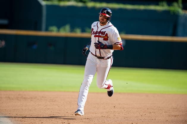 Austin Riley 27 of the Atlanta Braves approaches third base after hitting a home run in the eighth inning against the Philadelphia Phillies in game one of the MLB, Baseball Herren, USA National League Wild Card round at Truist Park on Tuesday, September 29, 2026 in Atlanta, Georgia.  ATL20260928131 JULIANxALEXANDER