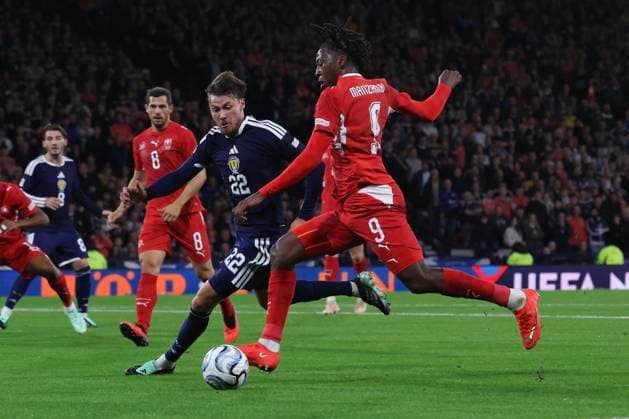 RECORD DATE NOT STATED 29th September 2026; Hampden Park, Glasgow, Scotland; UEFA Nations League Football, Scotland versus Switzerland; Johan Manzambi of Switzerland runs at Nathan Patterson of Scotland DavidxYoung