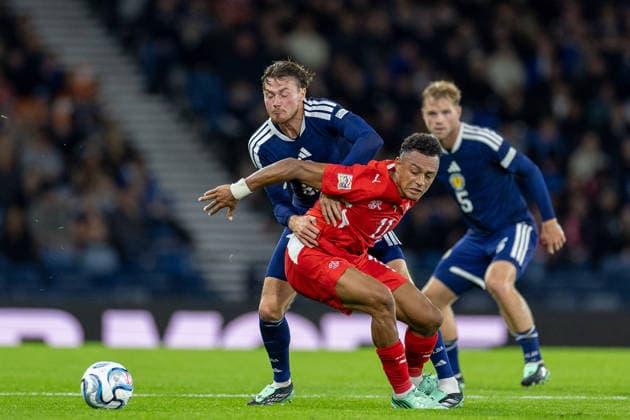 RECORD DATE NOT STATED 29th September 2026; Hampden Park, Glasgow, Scotland; UEFA Nations League Football, Scotland versus Switzerland; Nathan Patterson of Scotland challenges Dan Ndoye of Switzerland VagelisxGeorgariou