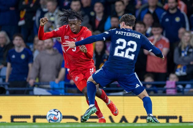 RECORD DATE NOT STATED 29th September 2026; Hampden Park, Glasgow, Scotland; UEFA Nations League Football, Scotland versus Switzerland; Nathan Patterson of Scotland challenges Johan Manzambi of Switzerland VagelisxGeorgariou