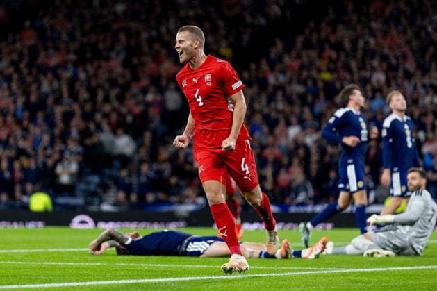 RECORD DATE NOT STATED 29th September 2026; Hampden Park, Glasgow, Scotland; UEFA Nations League Football, Scotland versus Switzerland; Nico Elvedi of Switzerland celebrates after he shoots and scores in the 55th minute to make it 2-0 to Switzerland VagelisxGeorgariou