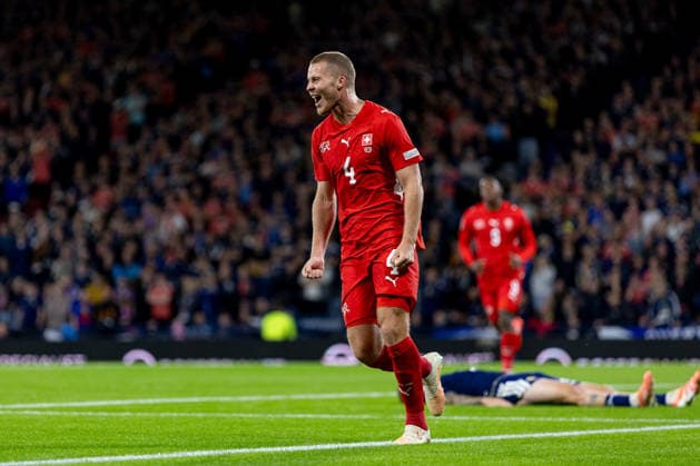 RECORD DATE NOT STATED 29th September 2026; Hampden Park, Glasgow, Scotland; UEFA Nations League Football, Scotland versus Switzerland; Nico Elvedi of Switzerland celebrates after he shoots and scores in the 55th minute to make it 2-0 to Switzerland VagelisxGeorgariou