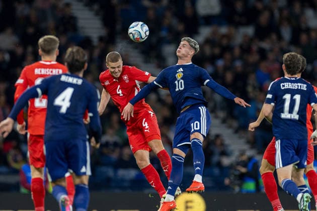 RECORD DATE NOT STATED 29th September 2026; Hampden Park, Glasgow, Scotland; UEFA Nations League Football, Scotland versus Switzerland; Nico Elvedi of Switzerland clears the ball from Robbie Ure of Scotland VagelisxGeorgariou