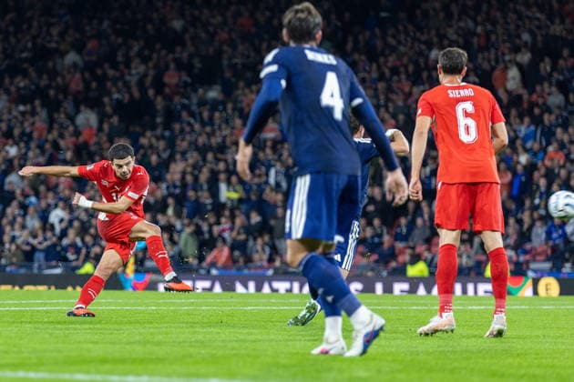 RECORD DATE NOT STATED 29th September 2026; Hampden Park, Glasgow, Scotland; UEFA Nations League Football, Scotland versus Switzerland; Zeki Amdouni of Switzerland shoots and scores in the 82nd minute to make it 3-0 to Switzerland VagelisxGeorgariou