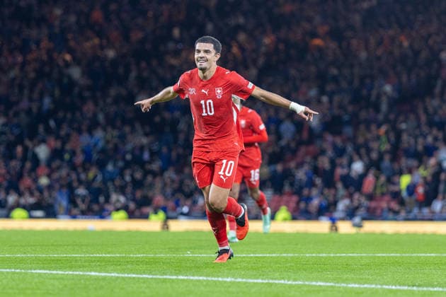 RECORD DATE NOT STATED 29th September 2026; Hampden Park, Glasgow, Scotland; UEFA Nations League Football, Scotland versus Switzerland; Zeki Amdouni of Switzerland celebrates after he shoots and scores in the 82nd minute to make it 3-0 to Switzerland VagelisxGeorgariou