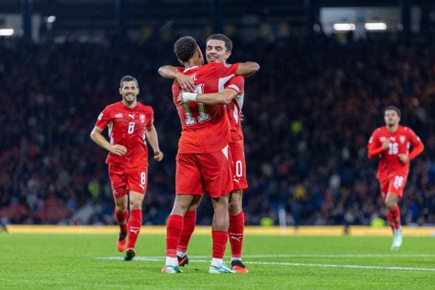 RECORD DATE NOT STATED 29th September 2026; Hampden Park, Glasgow, Scotland; UEFA Nations League Football, Scotland versus Switzerland; Zeki Amdouni of Switzerland celebrates after he shoots and scores in the 82nd minute to make it 3-0 to Switzerland VagelisxGeorgariou