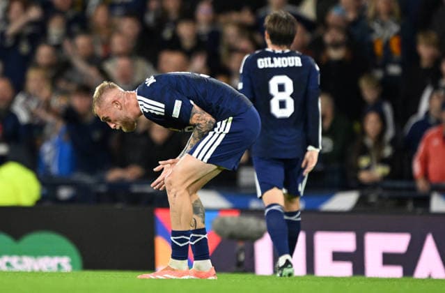 Glasgow, Scotland, 29th September 2026. Oli McBurnie of Scotland reacts to another refereeing decision during the Scotland vs Switzerland UEFA Nations League match at Hampden Park, Glasgow. Picture credit should read: Neil Hanna Sportimage EDITORIAL USE ONLY. No use with unauthorised audio, video, data, fixture lists, club league logos or live services. Online in-match use limited to 120 images, no video emulation. No use in betting, games or single club league player publications. SPI_075_Scotland_Switzerland SPI-5047-0075