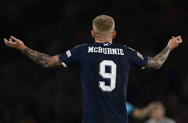 Glasgow, Scotland, 29th September 2026. Oli McBurnie of Scotland reacts to another refereeing decision during the Scotland vs Switzerland UEFA Nations League match at Hampden Park, Glasgow. Picture credit should read: Neil Hanna Sportimage EDITORIAL USE ONLY. No use with unauthorised audio, video, data, fixture lists, club league logos or live services. Online in-match use limited to 120 images, no video emulation. No use in betting, games or single club league player publications. SPI_080_Scotland_Switzerland SPI-5047-0080
