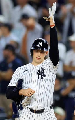New York Yankees designated hitter Ben Rice (22) stands on first base after hitting an rbi-single against the Boston Red Sox in the seventh inning of an MLB, Baseball Herren, USA American League Wild Card game at Yankee Stadium in New York City, on Tuesday, September 29, 2026.  NYP20260929727 COREYxSIPKIN
