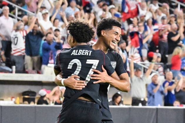 ST. LOUIS, MO - SEPTEMBER 29: Defender Mathis Albert (27) of The United States celebrates scoring his first goal for with midfielder Malik Tillman (17) of The United States during the Impact Match where the United States Men™s national team, Nationalteam hosted the Chile Men™s National Team on Tuesday September 29th, 2026, at Energizer Park in St. Louis City, MO. (Photo by Rick Ulreich Icon Sportswire) SOCCER: SEP 29 USA vs Chile EDITORIAL USE ONLY Icon26092937