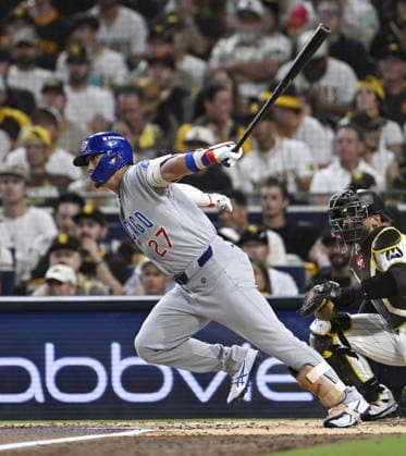 Baseball: Wild Card Series between Cubs and Padres Chicago Cubs right fielder Seiya Suzuki grounds out in the second inning of Game 1 of the National League Wild Card Series against the San Diego Padres at Petco Park in San Diego, California, on Sept. 29, 2026.  A14AA0005629412P