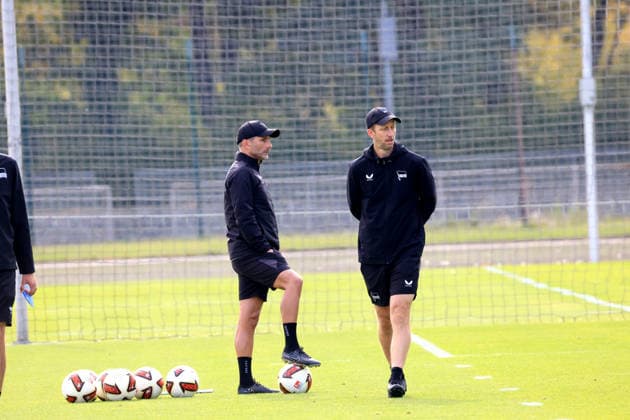 September 30, 2026, Germany, Soccer, 2. Bundesliga, 2026–2027 Season, Sportforum, Hertha BSC, Training Head Coach Stefan Leitl, Hertha BSC Berlin, Assistant Coach Andreas Schumacher, Hertha BSC Berlin, 2nd Division, DFB and DFL regulations prohibit any use of photographs as image sequences and or quasi-video. nordphoto GmbH, Engler, Berlin, Sportforum, Berlin, Germany Copyright: xNordphotox xEnglerx